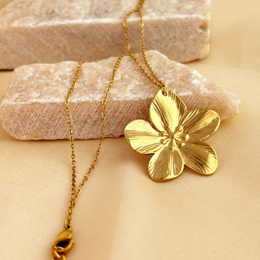 304 Stainless Steel 18K Gold Plated Flower Pendant Necklace