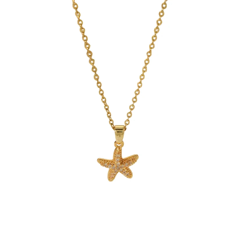 304 Stainless Steel Copper 18K Gold Plated Beach Starfish Zircon Pendant Necklace