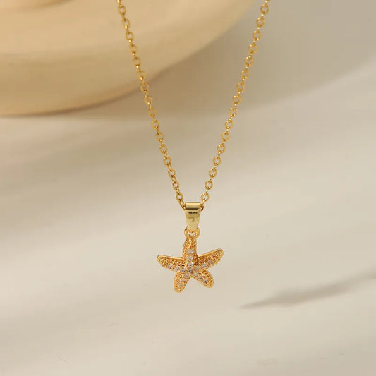 304 Stainless Steel Copper 18K Gold Plated Beach Starfish Zircon Pendant Necklace