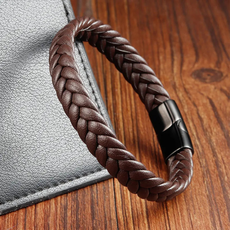 Men's Brown Leather Rope Double Layer Handmade Braided Bracelet
