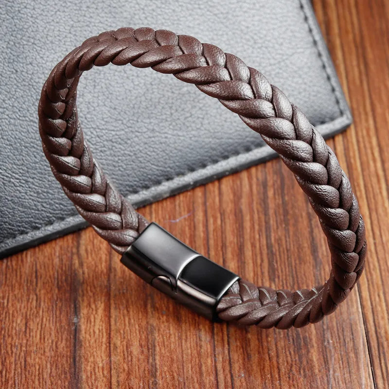 Men's Brown Leather Rope Double Layer Handmade Braided Bracelet