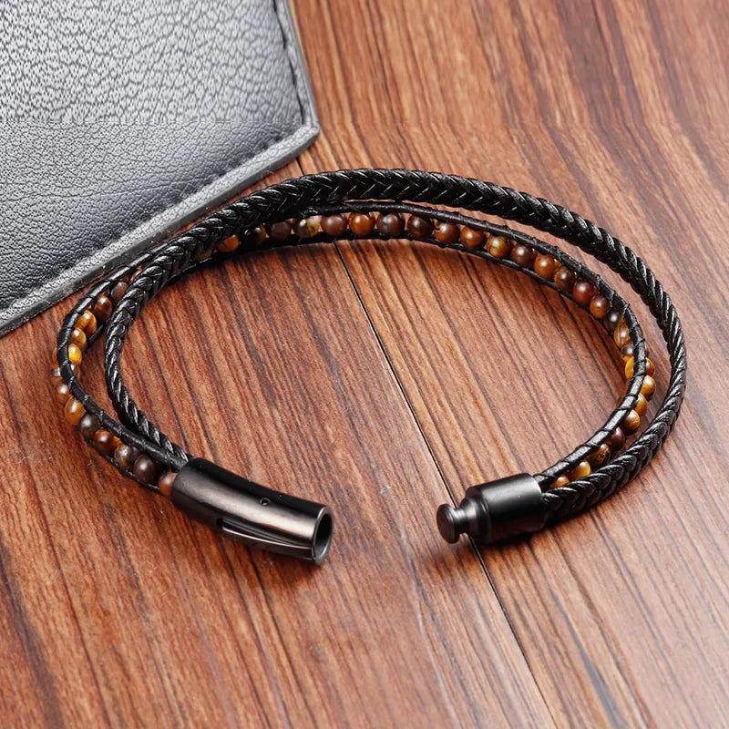 Men's Yellow Tiger Stone Leather Handmade Bracelet