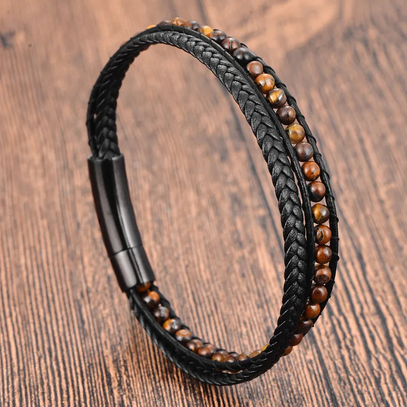 Men's Yellow Tiger Stone Leather Handmade Bracelet