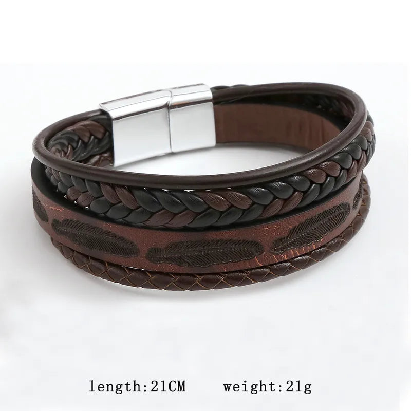 Men's Leather Bracelet With Feather Alloy Buckle