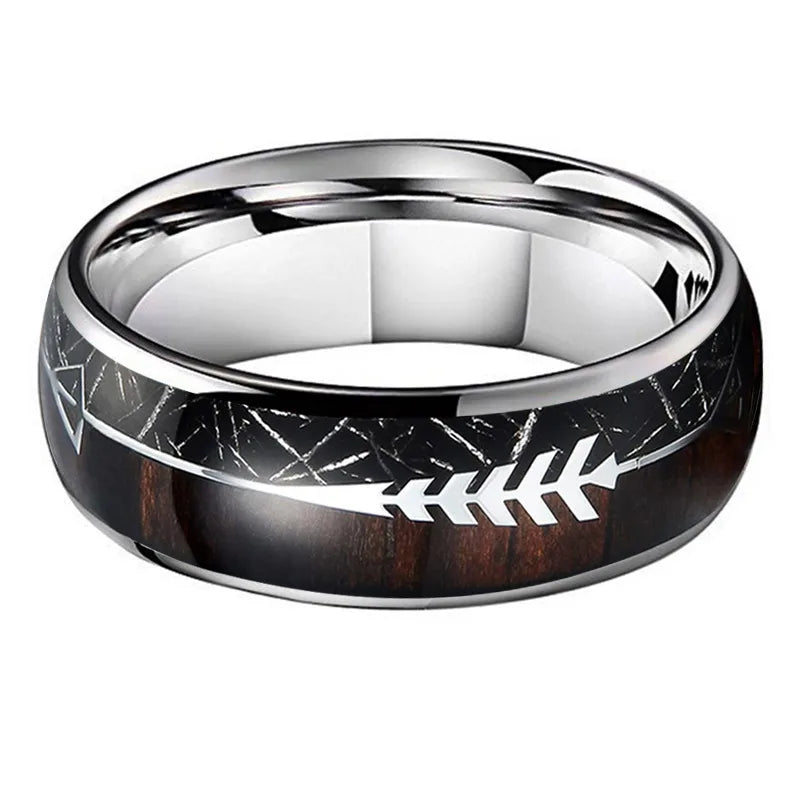 Stainless Steel Ring With Wood Grain And Arrow Design