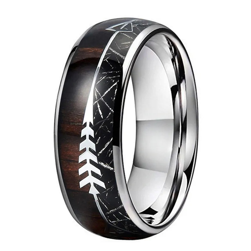 Stainless Steel Ring With Wood Grain And Arrow Design