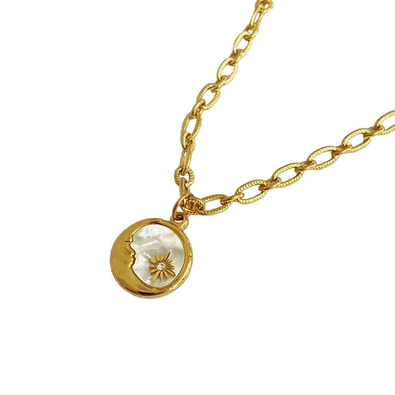 18K Gold Plated Sun Moon 304 Stainless Steel Shell Enamel Necklace