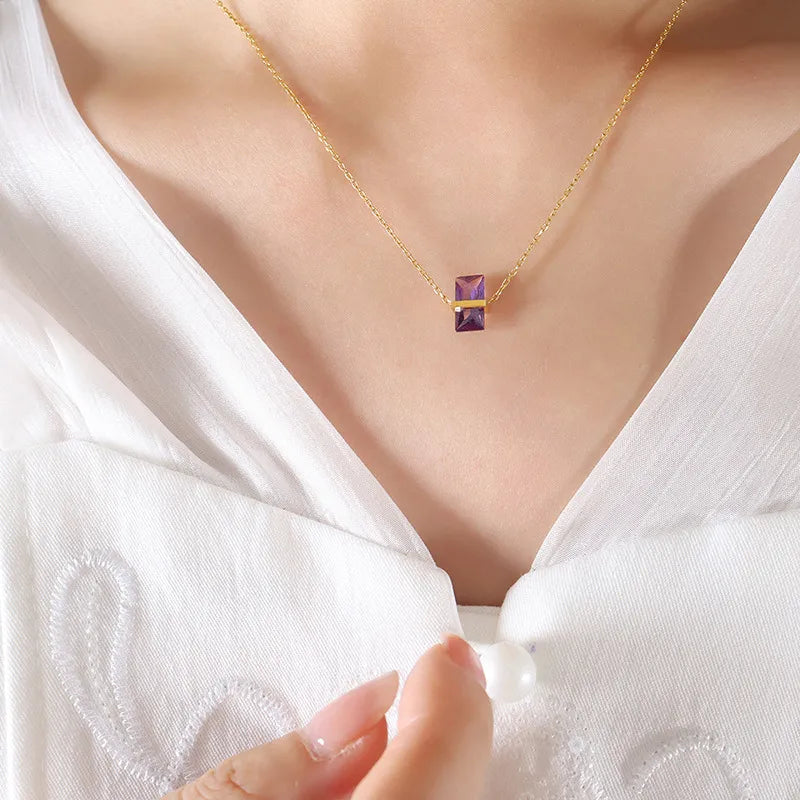 Simple Style Square Color Stone 304 Stainless Steel 18K Gold Plated Pendant Necklace