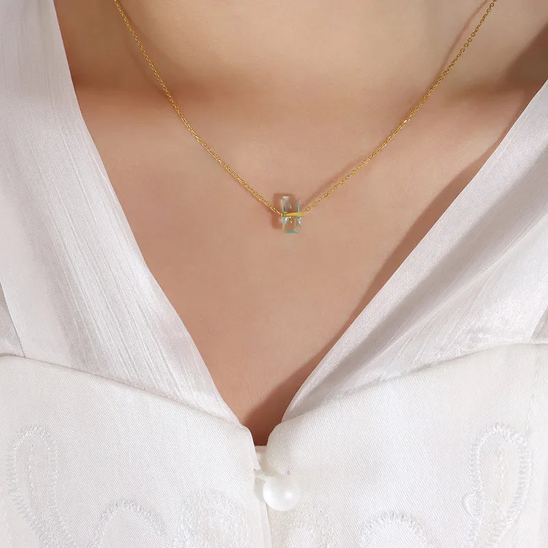 Simple Style Square Color Stone 304 Stainless Steel 18K Gold Plated Pendant Necklace