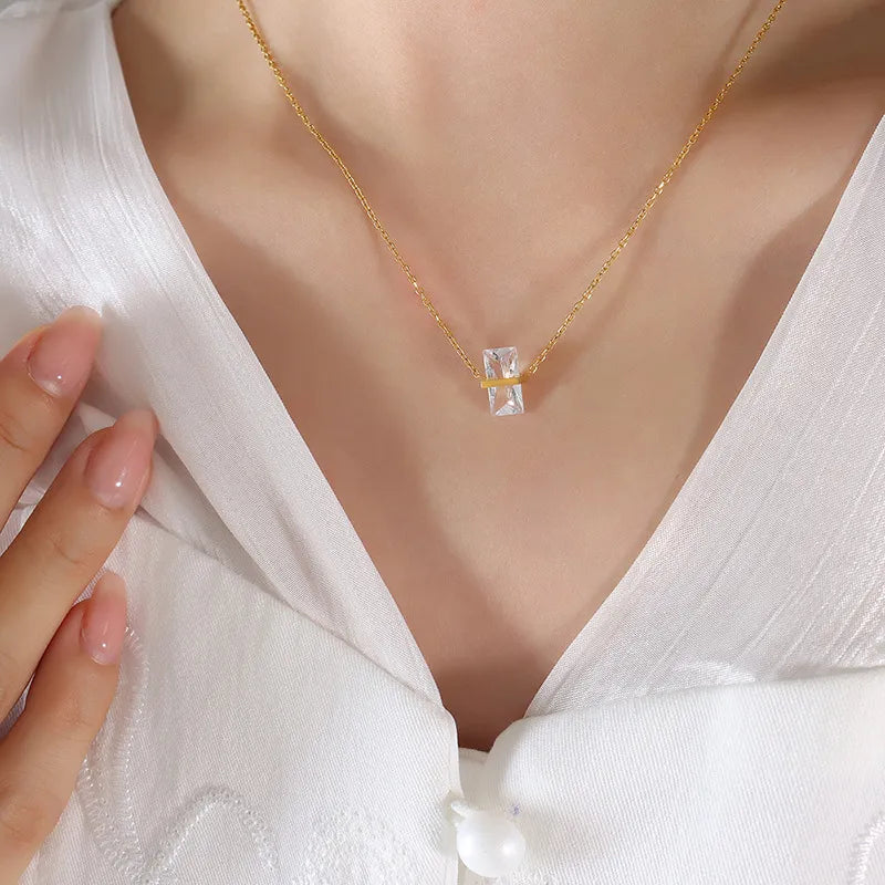 Simple Style Square Color Stone 304 Stainless Steel 18K Gold Plated Pendant Necklace
