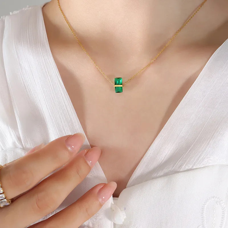 Simple Style Square Color Stone 304 Stainless Steel 18K Gold Plated Pendant Necklace