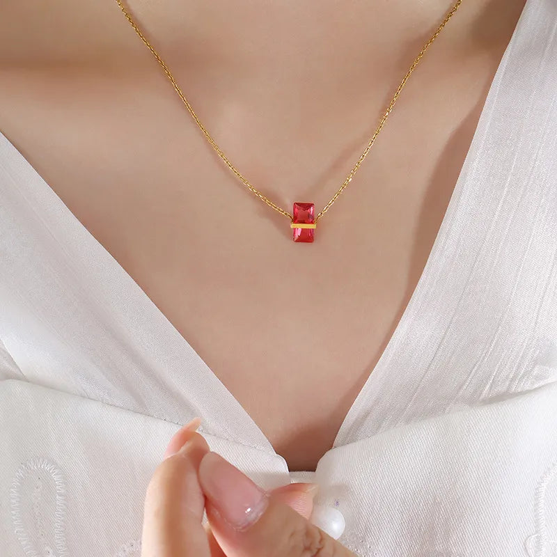 Simple Style Square Color Stone 304 Stainless Steel 18K Gold Plated Pendant Necklace