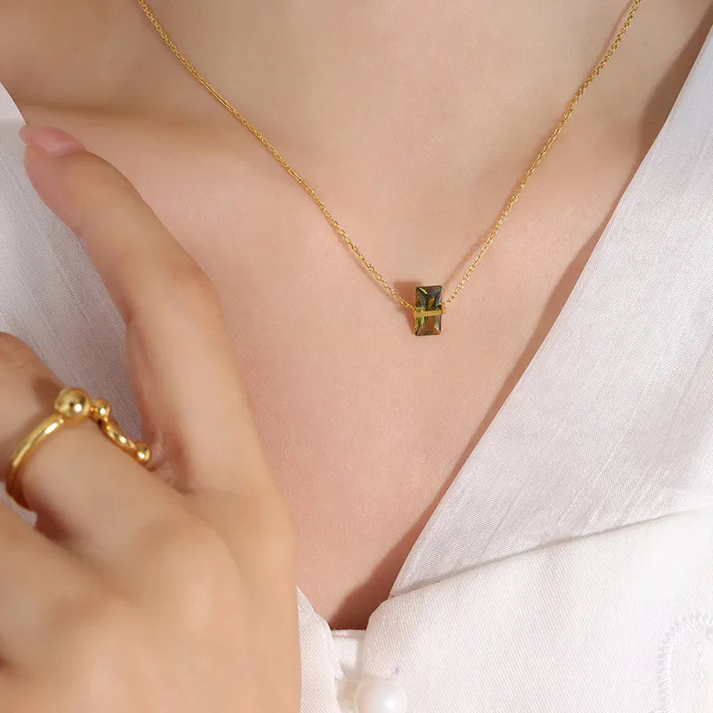 Simple Style Square Color Stone 304 Stainless Steel 18K Gold Plated Pendant Necklace