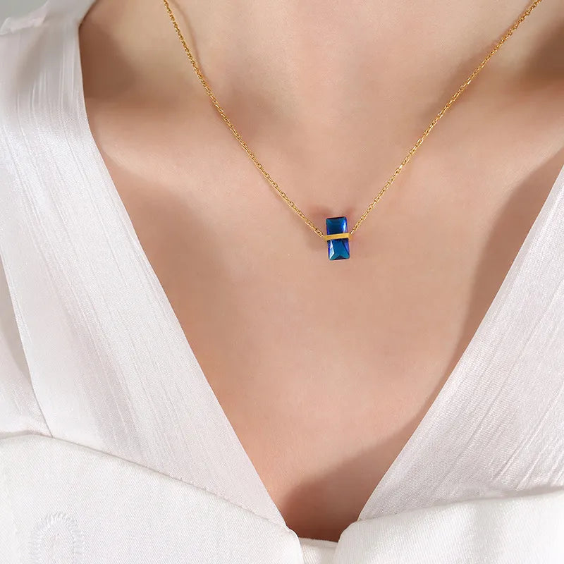 Simple Style Square Color Stone 304 Stainless Steel 18K Gold Plated Pendant Necklace