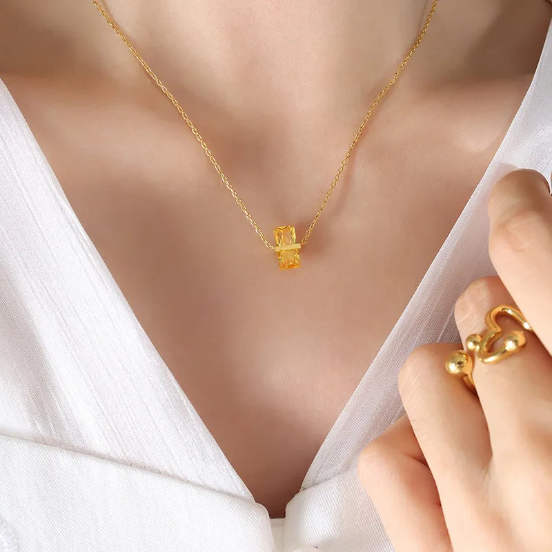 Simple Style Square Color Stone 304 Stainless Steel 18K Gold Plated Pendant Necklace