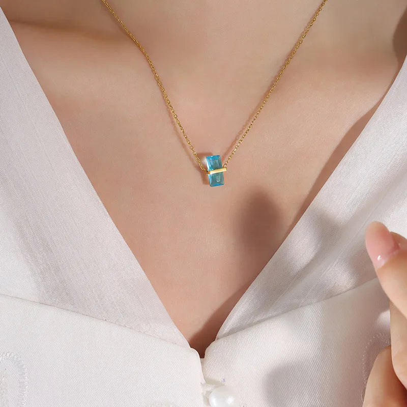Simple Style Square Color Stone 304 Stainless Steel 18K Gold Plated Pendant Necklace