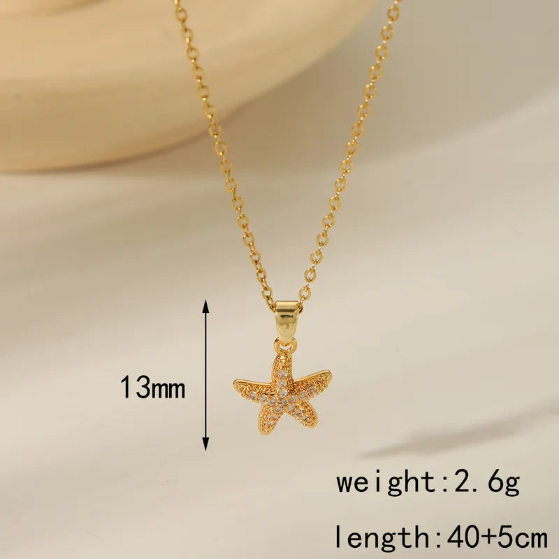 304 Stainless Steel Copper 18K Gold Plated Beach Starfish Zircon Pendant Necklace