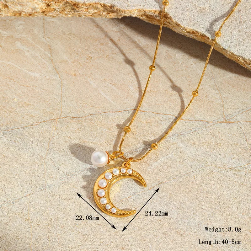 Moon Shell Imitation Pearl 18K Gold Plated Snake Chain Necklace