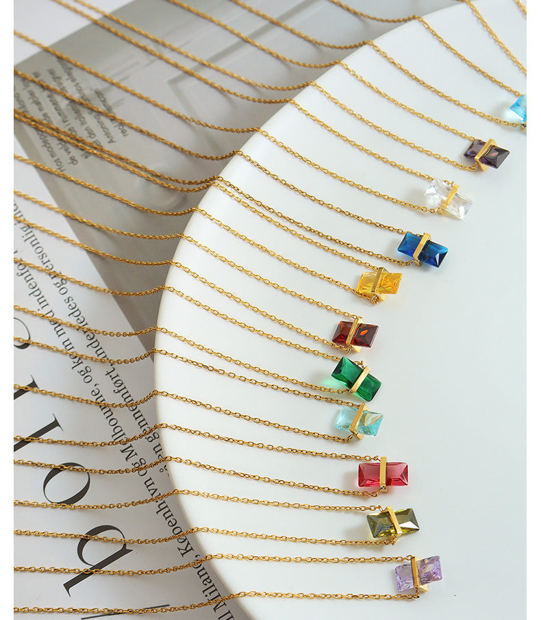 Simple Style Square Color Stone 304 Stainless Steel 18K Gold Plated Pendant Necklace