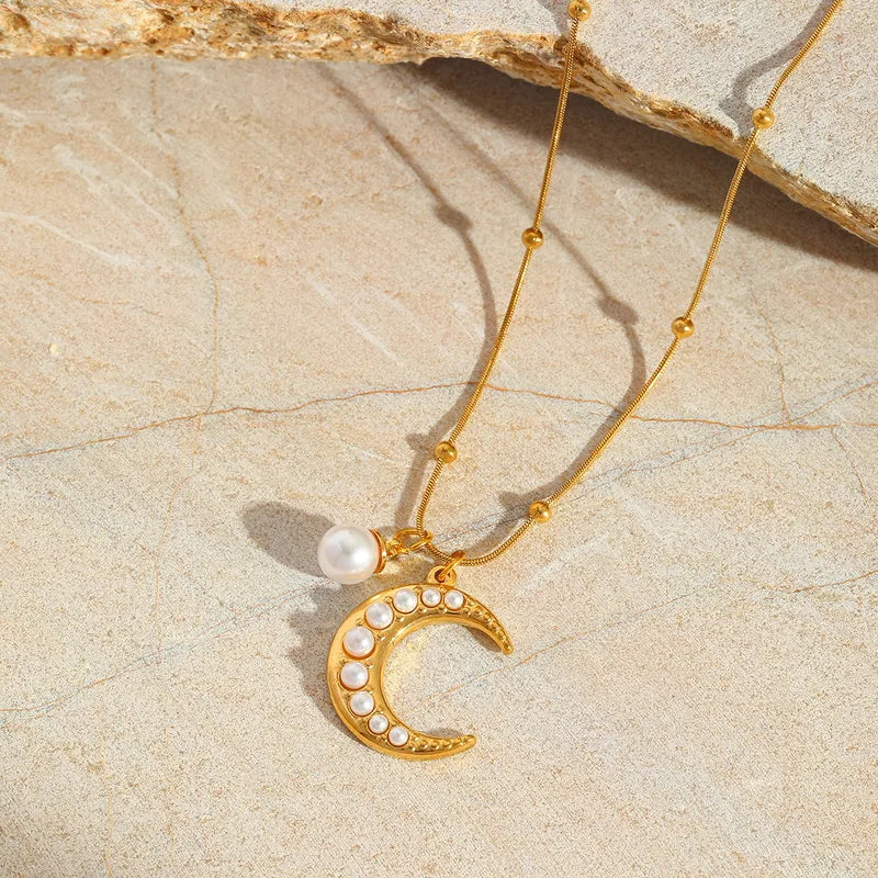 Moon Shell Imitation Pearl 18K Gold Plated Snake Chain Necklace