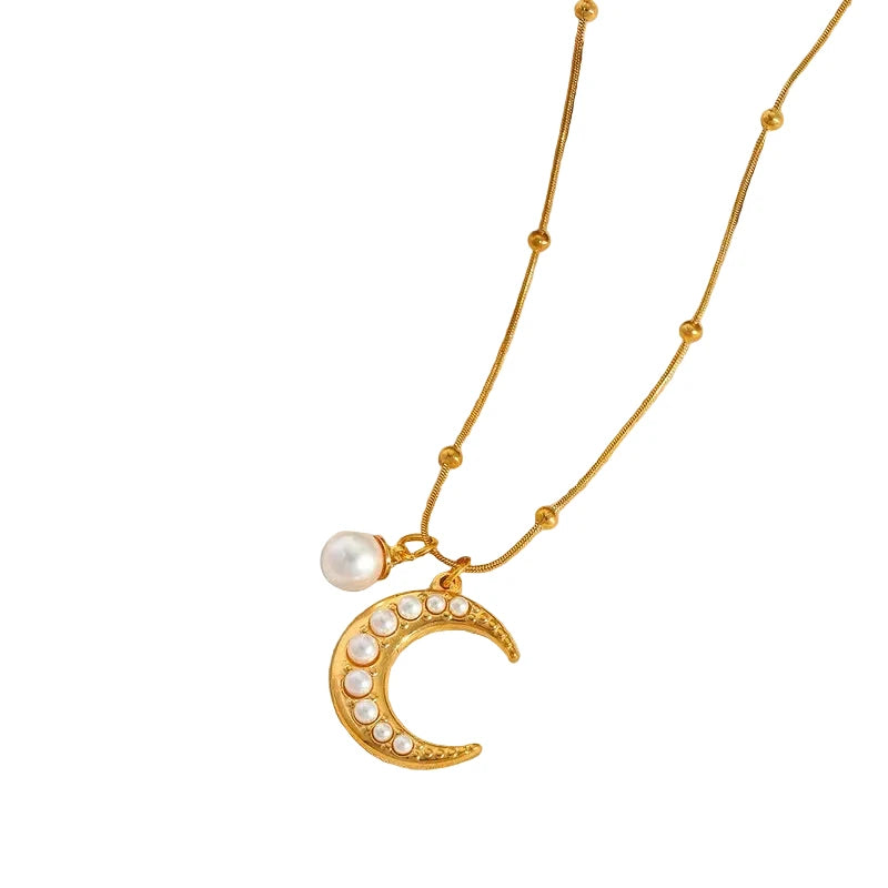 Moon Shell Imitation Pearl 18K Gold Plated Snake Chain Necklace