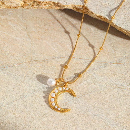 Moon Shell Imitation Pearl 18K Gold Plated Snake Chain Necklace