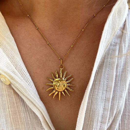 304 Stainless Steel 18K Gold Plated Sun Pendant Necklace